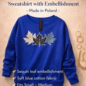 NWT Blue Cotton Sweatshirt with Sequin Leaf Embellishment – Made in Poland